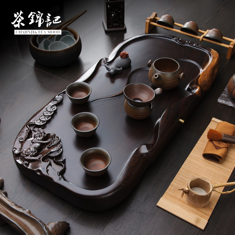 茶锦记 黑檀木茶盘排水整块平板实木茶托大号红木家具茶具盘套装