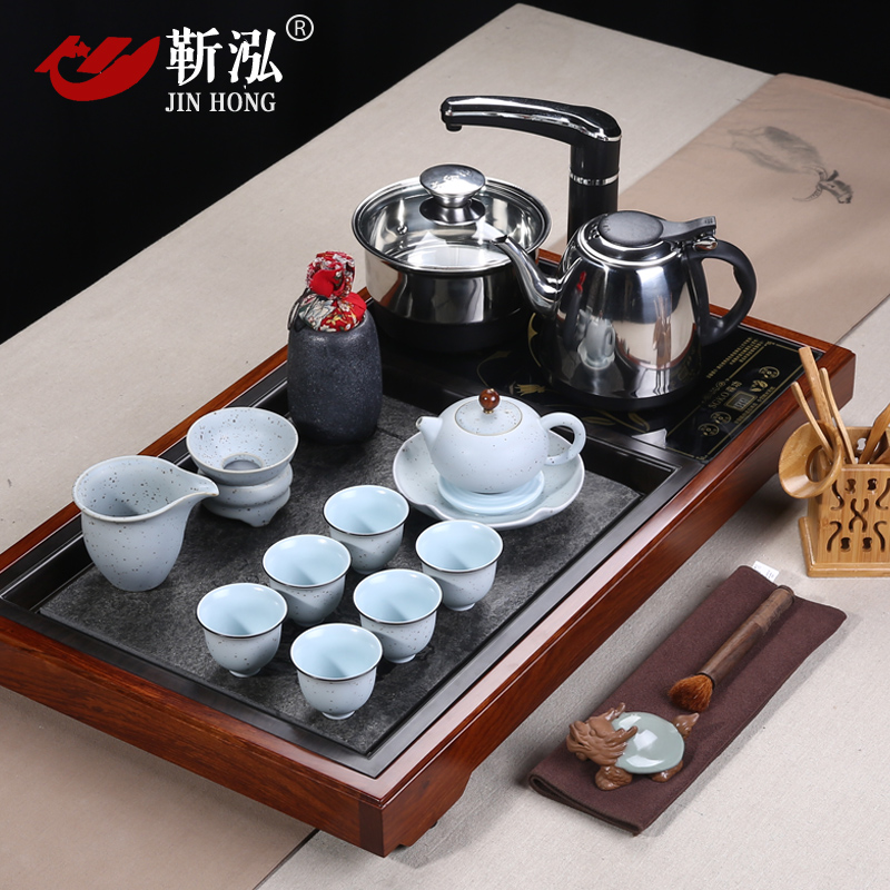 靳泓 花梨木乌金石茶盘实木整套 陶瓷茶具 功夫茶具套装带电磁炉