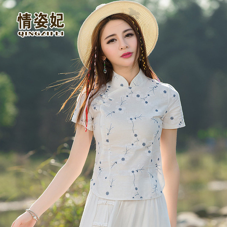 中国风盘扣女装复古上衣文艺茶服唐装女旗袍衫短袖t恤
