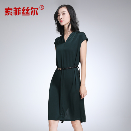 索菲丝尔真丝连衣裙女2017夏新款桑蚕丝高端收腰显瘦优雅中长款商品大图