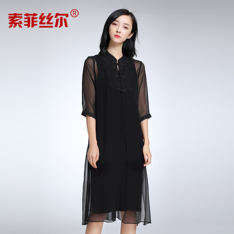 索菲丝尔真丝连衣裙女2017夏新款重磅桑蚕丝高端优雅盘扣中长款商品大图