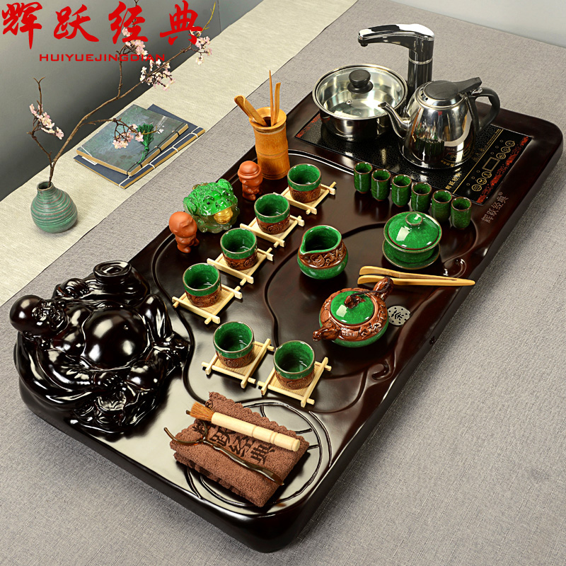 辉跃经典 茶具套装整套  紫砂冰裂功夫茶具弥勒佛整块电磁炉茶盘
