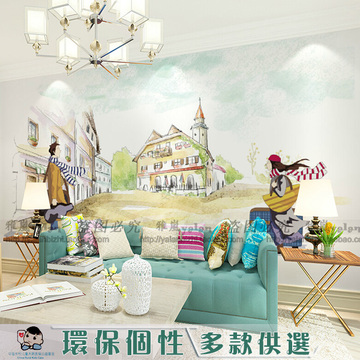 几米漫画大型壁画 个性手绘插画壁纸 简单清新客厅电视背景墙纸