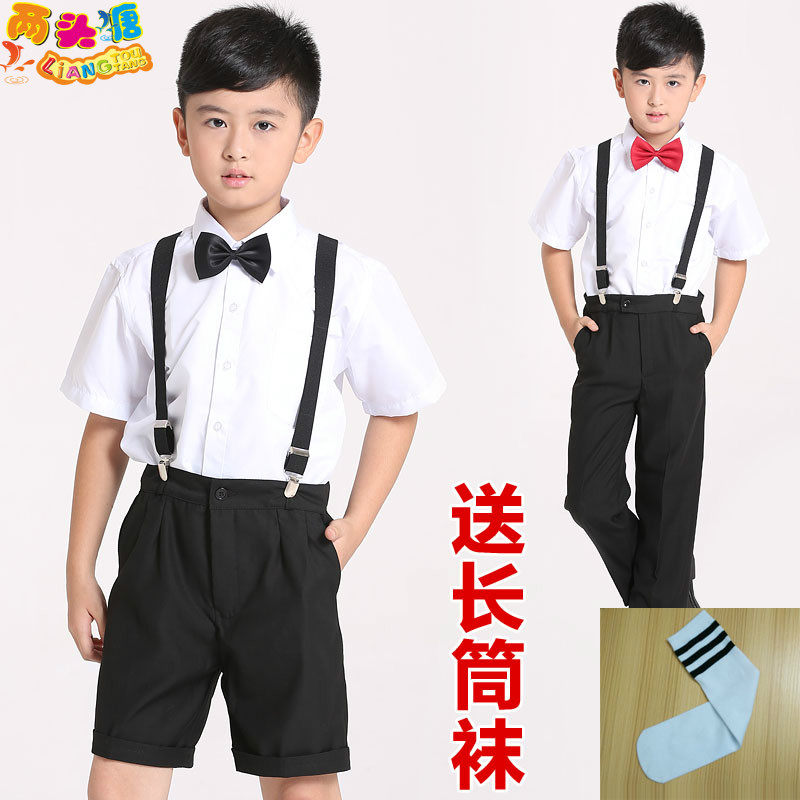 [2015爆款]<em>男童</em>礼服夏 花童背带黑色<em>短裤</em>白衬衫