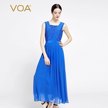 VOA 宝石蓝双层真丝方领无袖中腰蕾丝压条车缝线工字褶大摆连衣裙图片