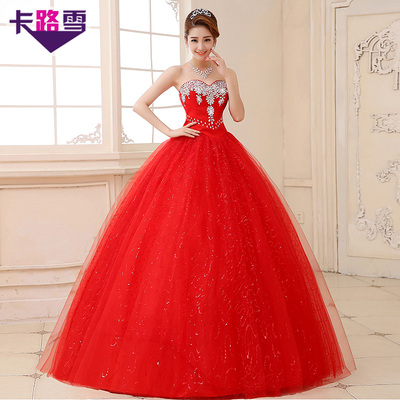 2016新款一字肩婚纱红色大码婚纱礼服胖mm显