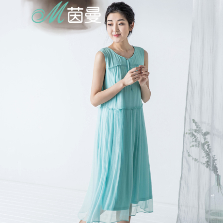 茵曼2016夏新款无袖真丝连衣裙女中长裙背心裙夏女裙1862423833商品大图
