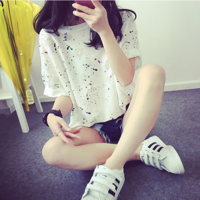 韩版夏季新款女装彩色喷墨破洞上衣潮闺蜜姐妹装学生宽松短袖t恤