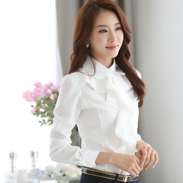 2015新款春夏衬衣女 韩版女式OL长袖雪纺白色衬衫 荷叶边短袖衬衣