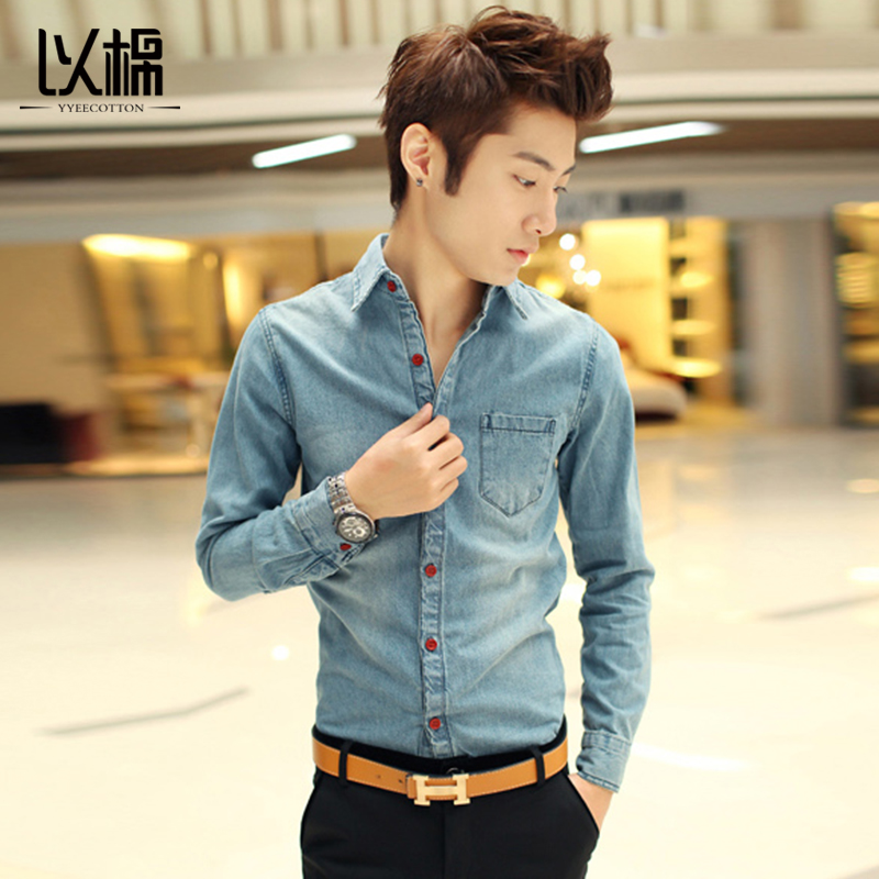 以棉2015韩版潮流男士休闲长袖衬衣修身加厚牛仔衬衫英伦男装寸衫