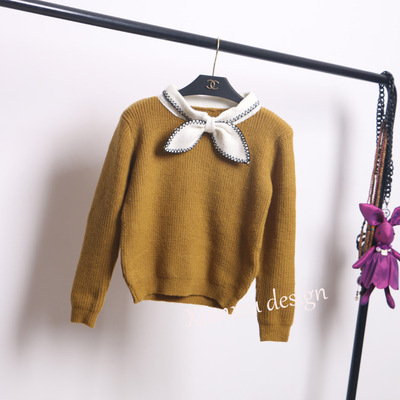 2016春大牌同款领口系带蝴蝶结V领绑带毛衣女