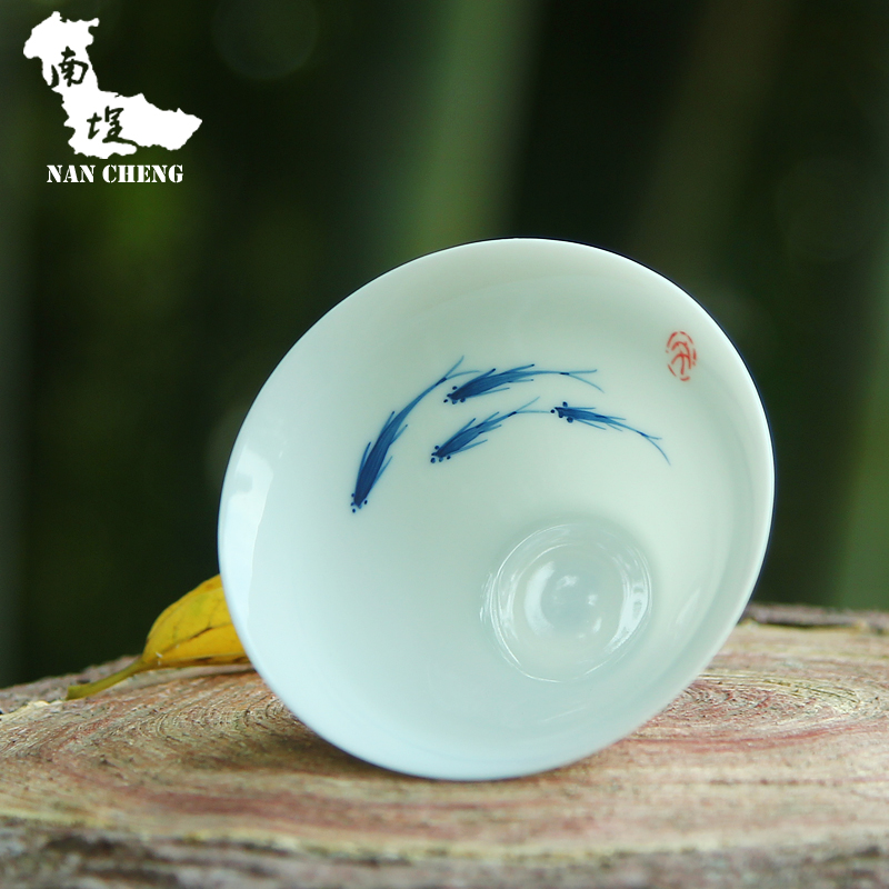 南埕品牌 茶杯  纯手绘三鱼图高白瓷茶杯 陶瓷功夫茶具茶道配件