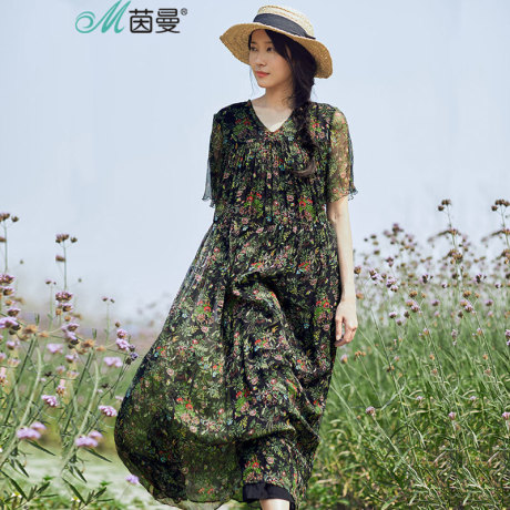 茵曼2017夏装新款短袖复古范印花真丝宽松长款短袖连衣裙女裙子商品大图