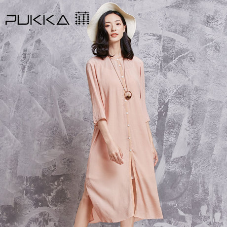 Pukka/蒲牌 夏秋新款原创设计品牌女装铜氨拼接真丝连衣裙商品大图