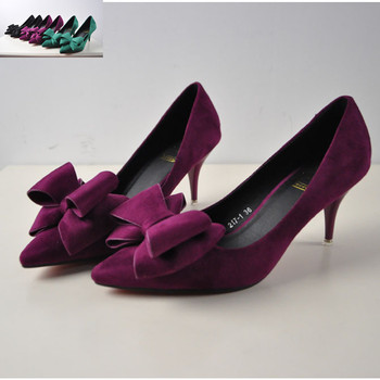 韩版甜美尖头高跟鞋绒面紫色蝴蝶结中低跟单鞋