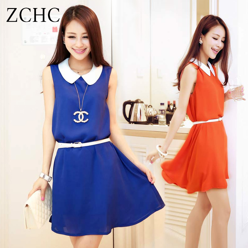 ZCHC2016夏装新款韩版休闲气质优雅雪纺连衣裙女装中长款无袖显瘦
