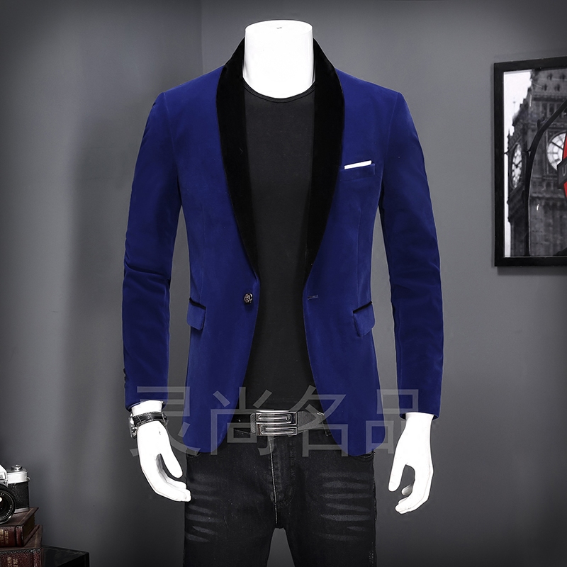 蓝色小西装男修身型时尚单西丝绒个性型男便服上衣春装西服外套潮