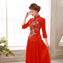 红色长袖新娘冬装敬酒旗袍礼服2015春季新款