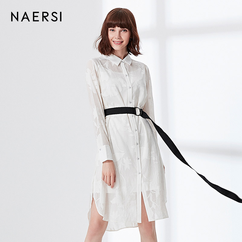 naersi/娜尔思品牌女装2017秋季新款 翻领长袖宽松镂空衬衫连衣裙