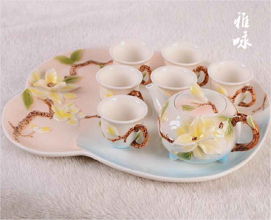 包邮珐琅瓷茶具套装玉兰花结婚茶具高档礼品喜庆摆件功夫家用欧式