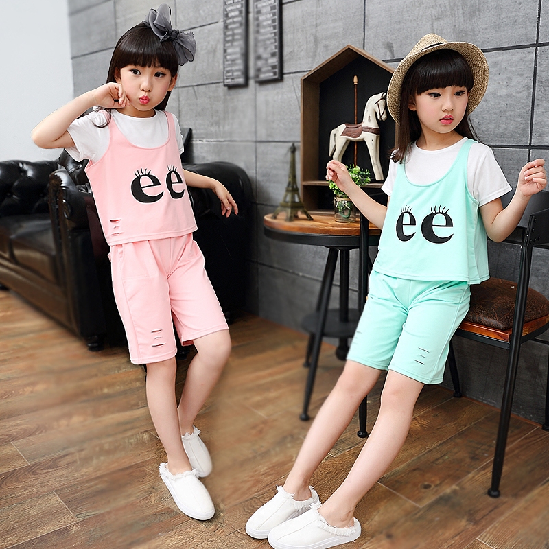 夏装新款女童裙子套装12岁女孩韩版T恤背带裙