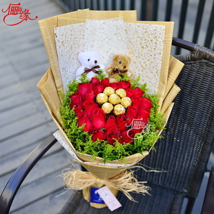 feelove济宁鲜花 生日祝福鲜花同城速递 玫瑰巧克力棒棒糖花束