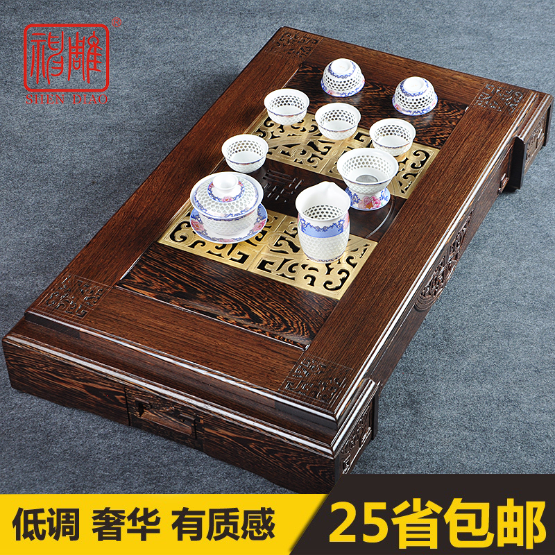 神雕鸡翅木实木茶盘功夫茶具茶道大号茶海木托盘茶台桐木结合茶盘