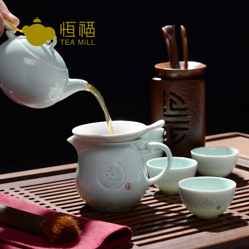 恒福越窑古意如意茶壶半组 龙泉青瓷功夫茶具套装 青瓷整套茶具