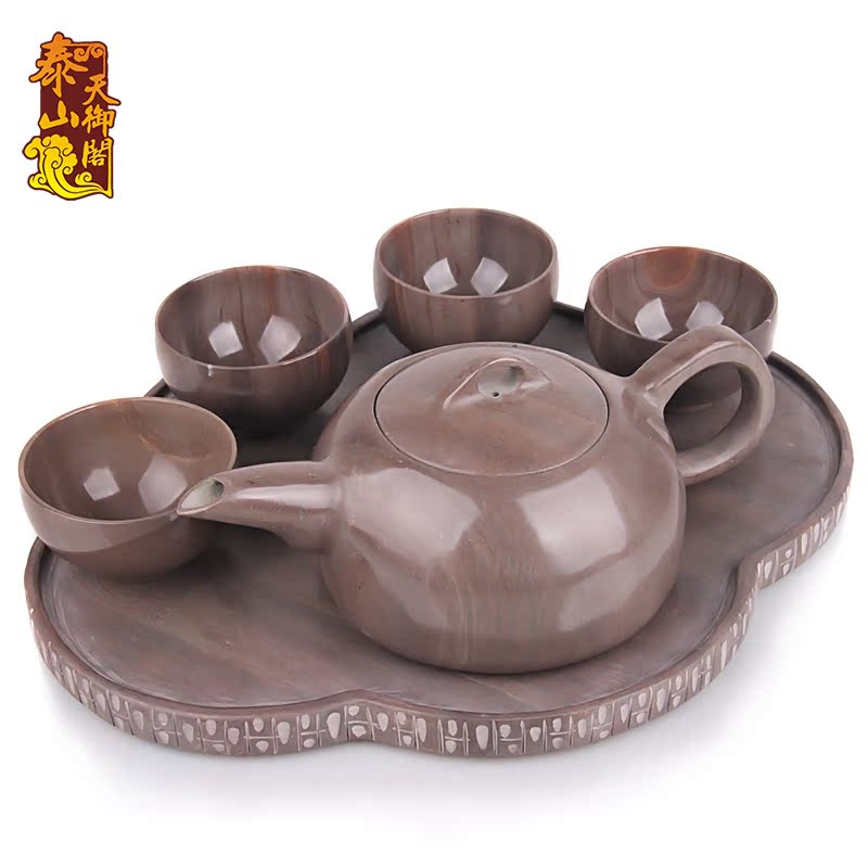 天御阁 纯天然紫檀木鱼石茶杯茶具套装正品无蜡保健整套茶具 特价