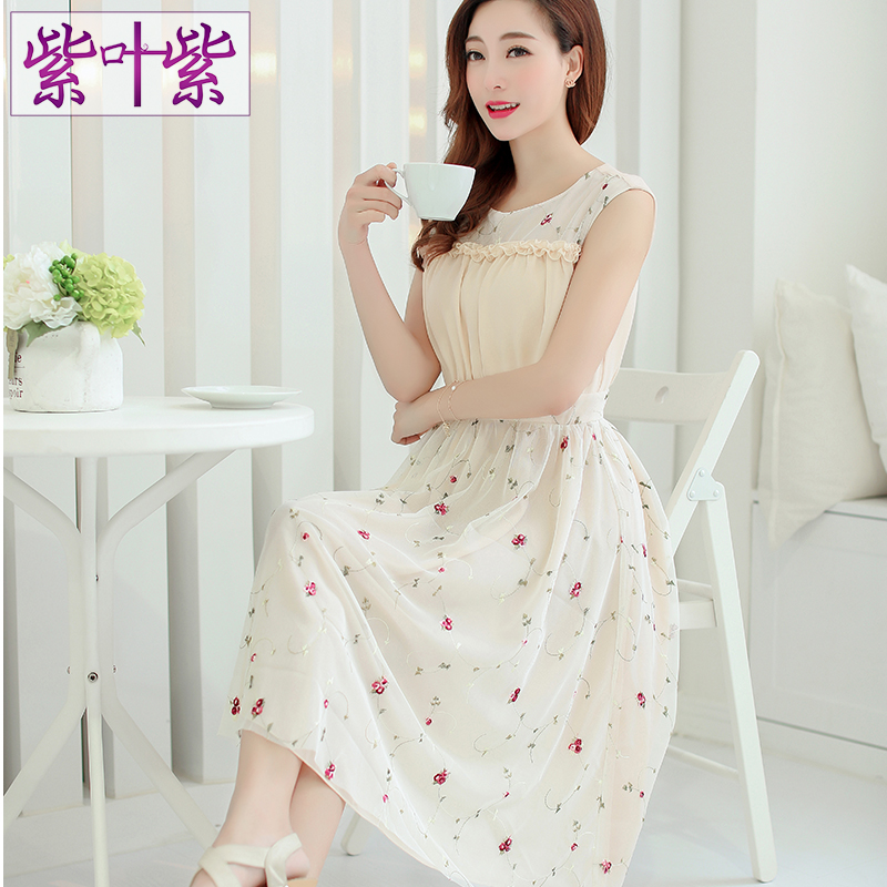 紫叶紫2105夏季韩版气质雪纺连衣裙女中长款修身显瘦长裙仙绣花