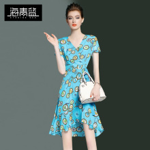 海青蓝2019夏装新款时尚印花V领收腰休闲女裙子荷叶边连衣裙1266图片
