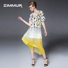 ZIMMUR2016夏季新款女装圆领短袖桑蚕丝两件套真丝印花连衣裙长裙图片