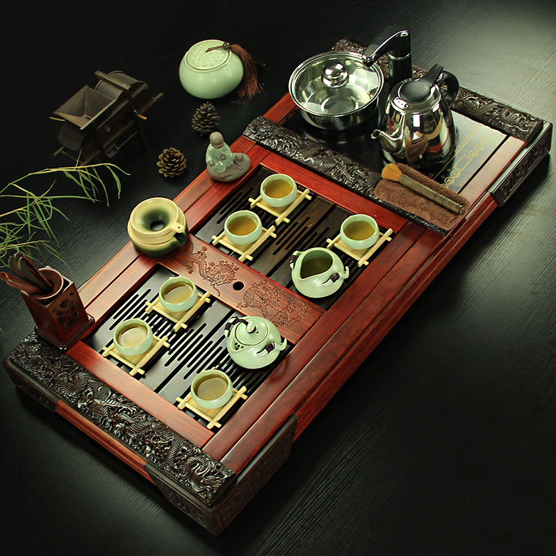 进口黑檀木花梨木茶盘 实木电磁炉四合一茶盘红木整套功夫茶具