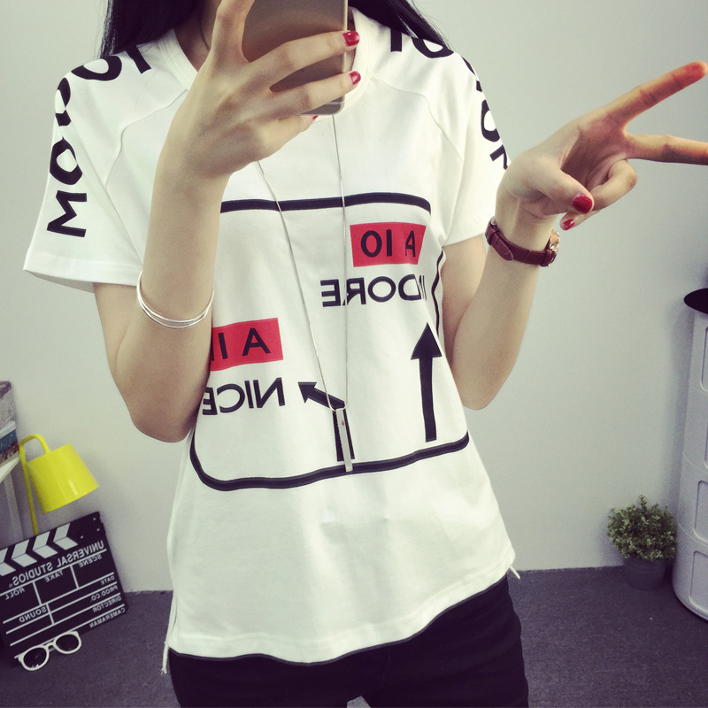 2015夏装新款女装韩版宽松圆领套头印花字母短袖上衣韩范潮女t恤