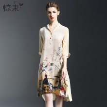 女复古宽松衬衫式A字裙中裙立领大码五分袖重磅真丝衬衣连衣裙图片