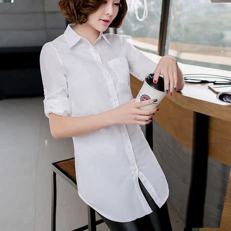 淘宝网购物-2015春装新款衬衫女 中长款修身白