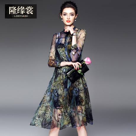 隆缘裳2017秋季新品女装复古透视长袖中款真丝印花连衣裙子1911商品大图