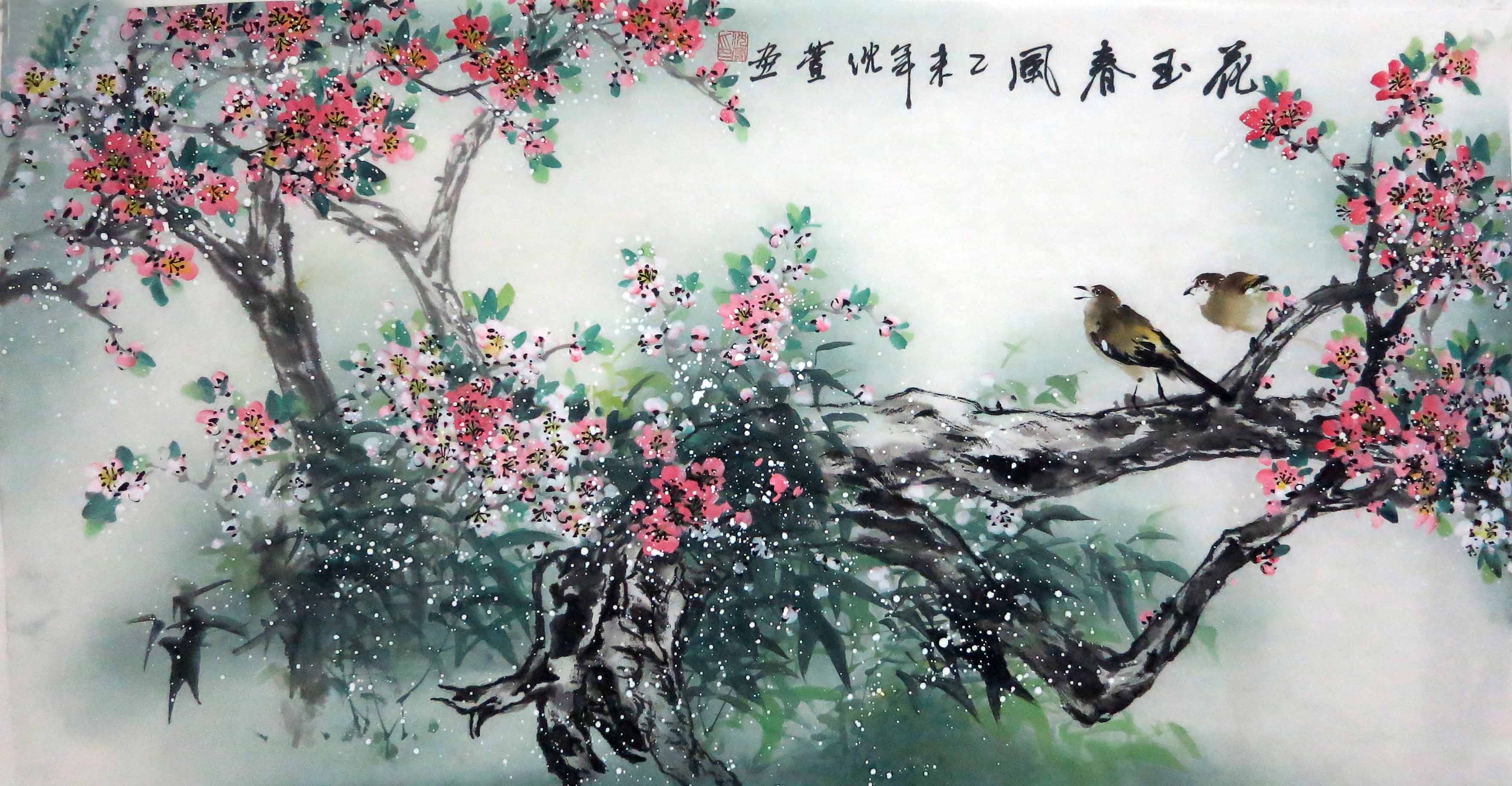 国画花鸟画真迹客厅装饰画水墨画书画字画三尺横幅/花玉春风t07