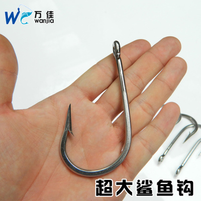 不锈钢鲨鱼钩 散装超大鱼钩 带倒刺鱼钩 长柄鱼钩 带孔强拉力鱼钩