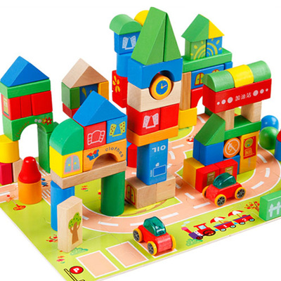 木制积木儿童 大号环保宝宝益智玩具 实木城堡拼装桶装3-6周岁
