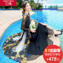 三纬2017夏季新款真丝连衣裙女V领修身拼接印花桑蚕丝中长款裙子图片