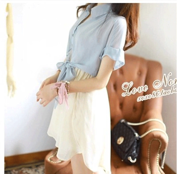 2015新款假两件显瘦<em>夏季夏天</em>雪纺<em>少女装</em>韩版