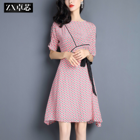 卓芯2017夏装新款真丝连衣裙女夏收腰显瘦中长款A字裙4703商品大图