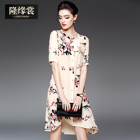 隆缘裳2017秋装新款女装时尚气质五分袖不规则印花真丝连衣裙1909商品大图