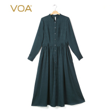 VOA玛瑙绿真丝提花纯色立领长袖中腰褶绉单排扣开衫式女士连衣裙图片