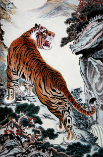 老虎 国画 上山虎 猛虎下山 镇店之宝 油画布丝绢布挂轴挂画05