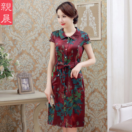 清仓亲晨香云纱真丝连衣裙长款衬衫女中老年妈妈装夏装桑蚕丝大码商品大图