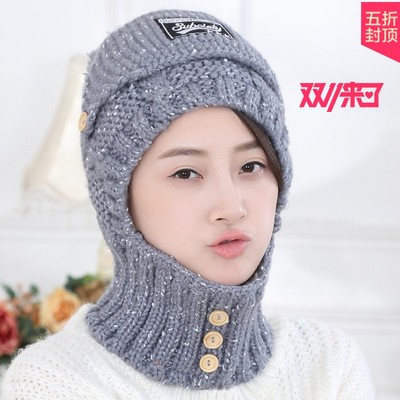 韩版帽子女冬毛线帽加毛保暖护耳朵带口罩遮脸