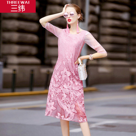 三纬2019夏新款桑蚕丝欧美风女A版显瘦重工刺绣真丝连衣裙中长裙商品大图