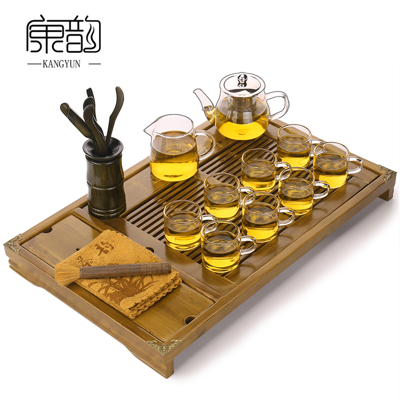 康韵 玻璃茶具套装耐热功夫茶具整套套装实木小茶盘茶台茶托特价